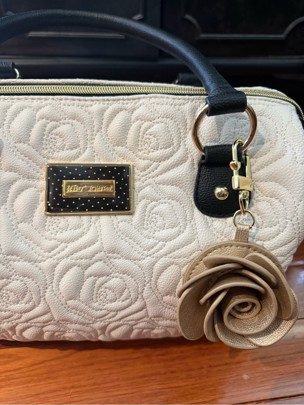 Betsey JohnsonWhite Quilted Rose Satchel with Beige Rose Charm